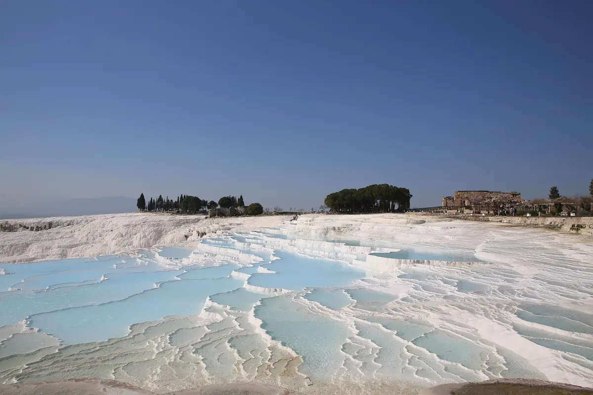 Blue pools on the white terraces of Pamukkale
